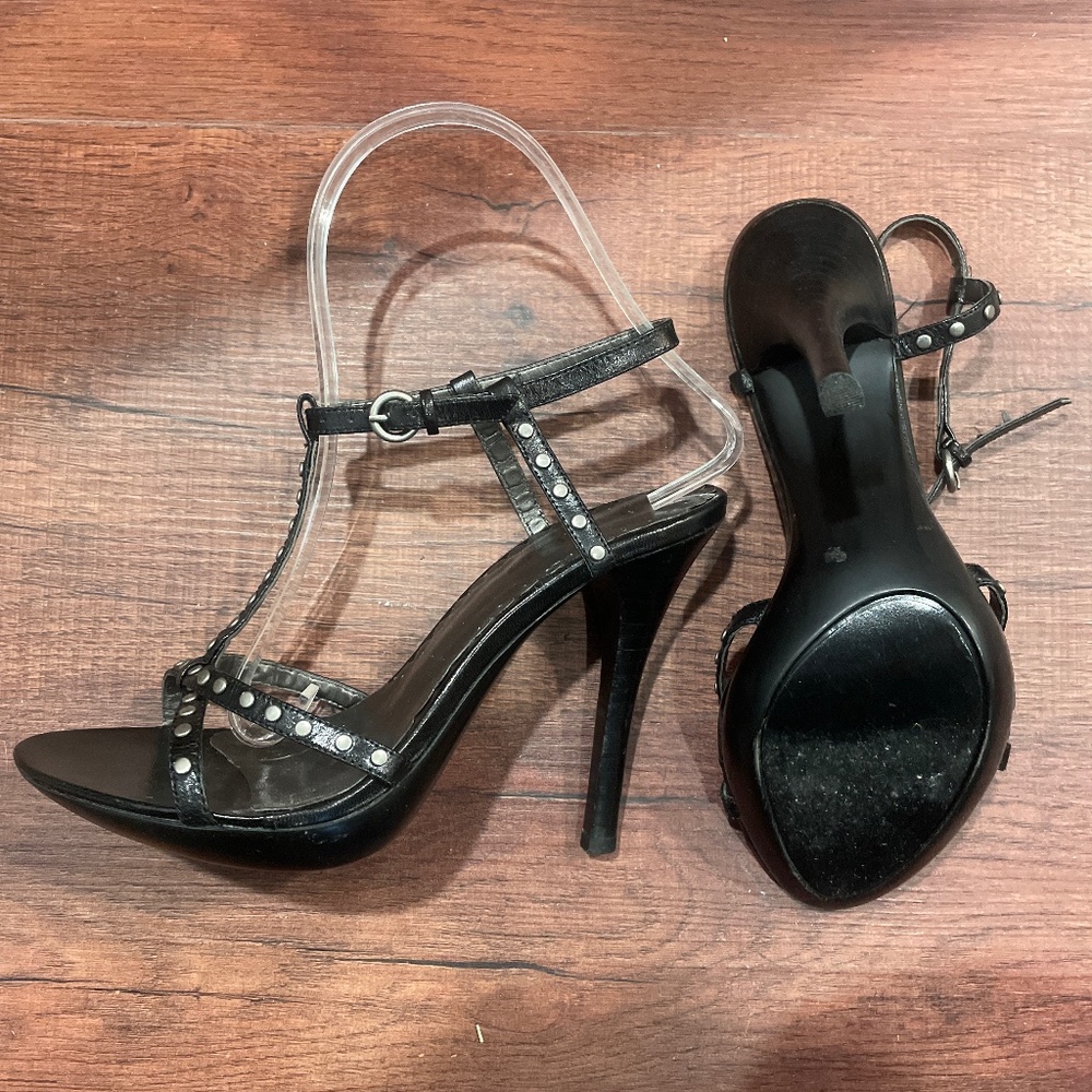 1 WEEK LEFLAST CHANCE BEBE Black with Brushed Silver Studs High Heel Ankle Strap